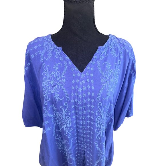 Tru Luxe Cobalt Blue Embroidered Boho Cottage Core Casual Tunic S/S Blouse Top S - Picture 3 of 10